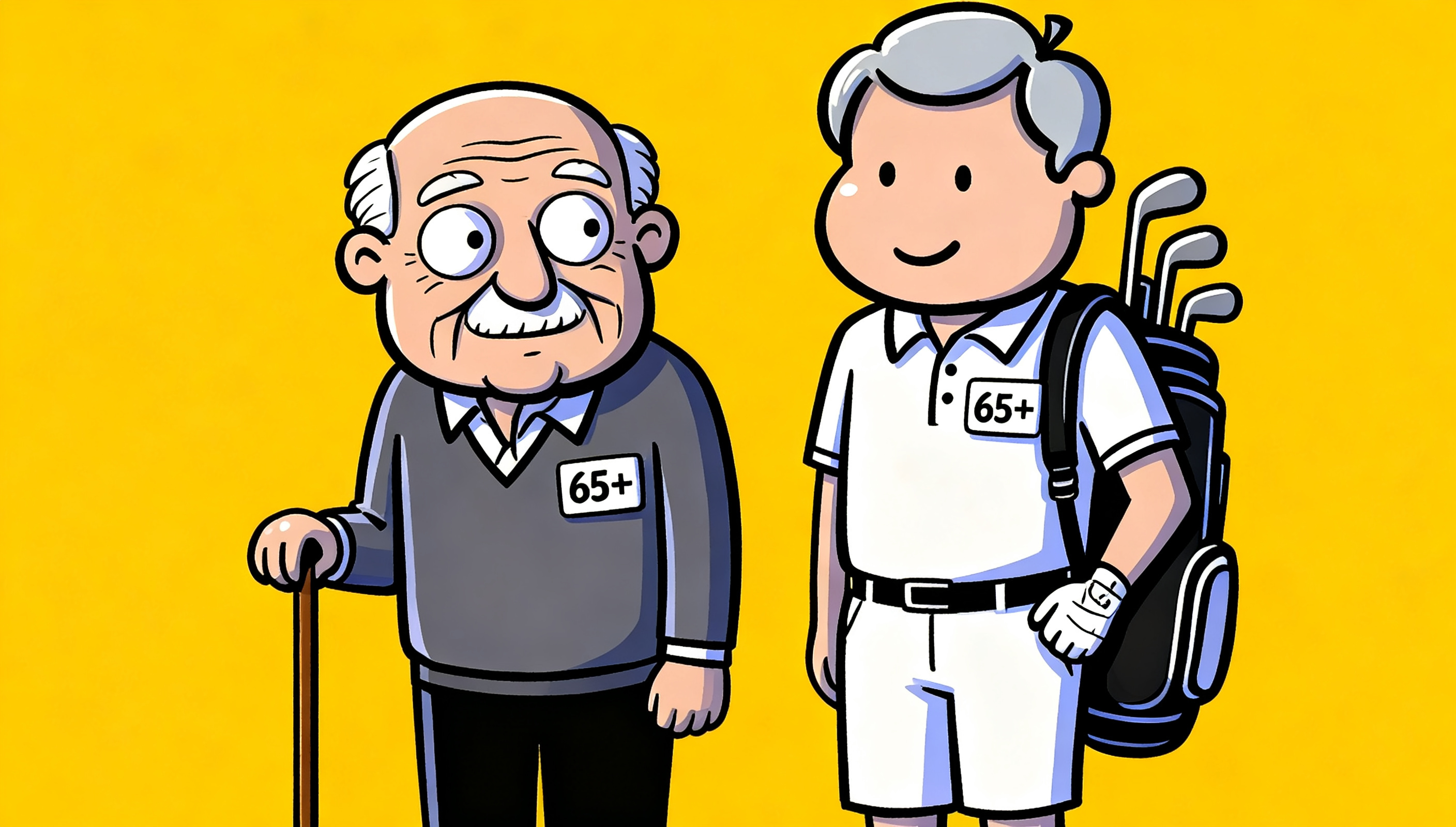 2 men wearing 65+ badges, one is very old, one is younger carrying golf clubs