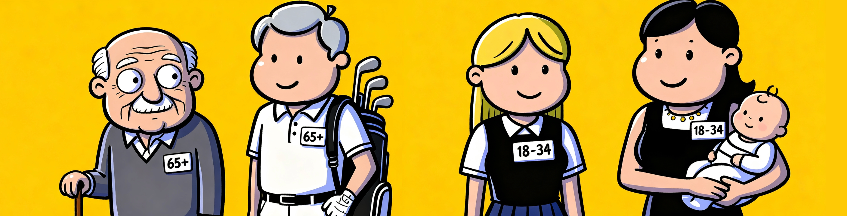 4 people, 2 with the badge 65+, 2 with the badge 18-34