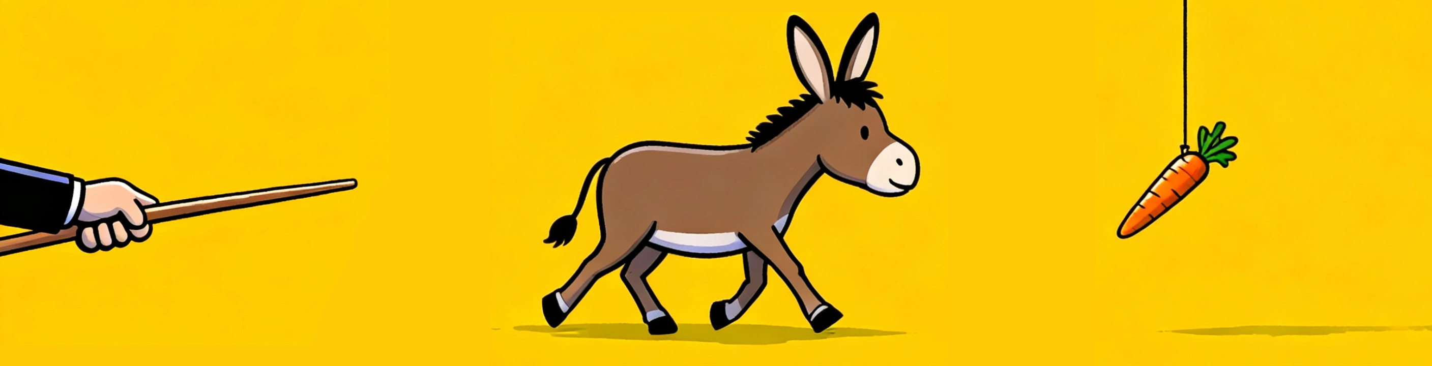 a donkey with a carrot dangling in front and a stick behind