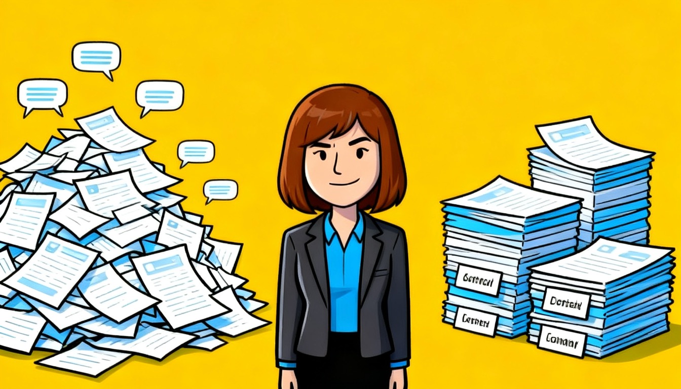 A cartoon analyst between a chaotic pile of paper survey responses and a few neat labelled theme stacks
