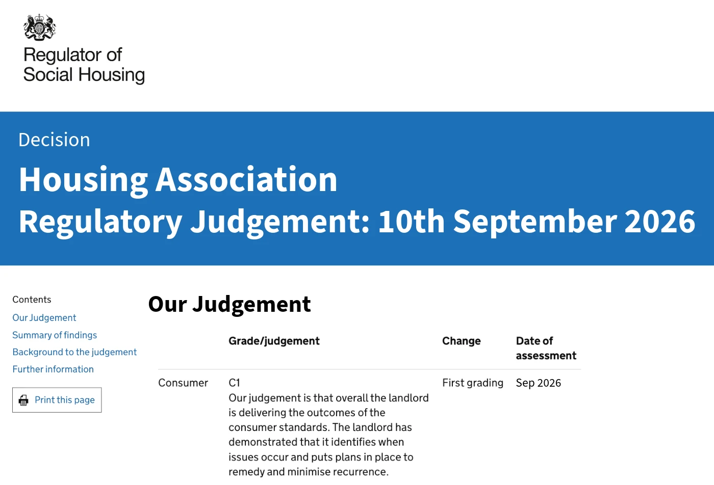 Screenshot of a published Regulator of Social Housing regulatory judgement, anonymised, showing a Consumer grade of C1 with the Regulator's own wording explaining the grade
