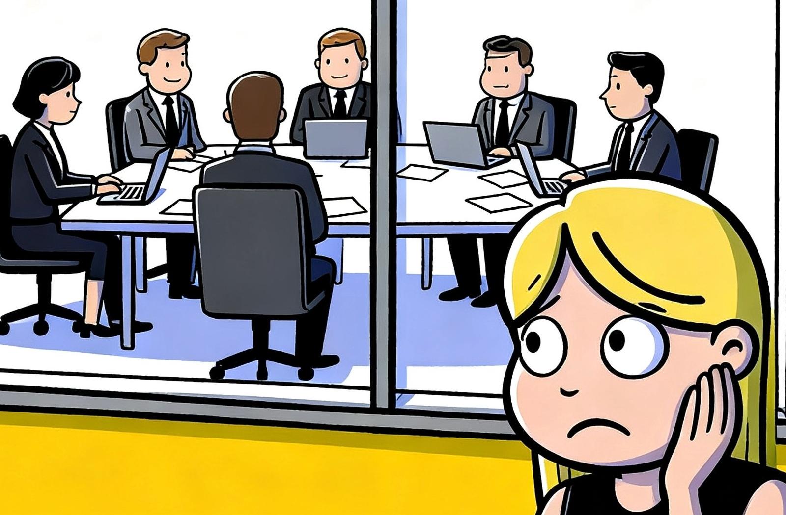 An anxious colleague looking through a window at their board sitting in an inspection meeting, papers and laptops on the table