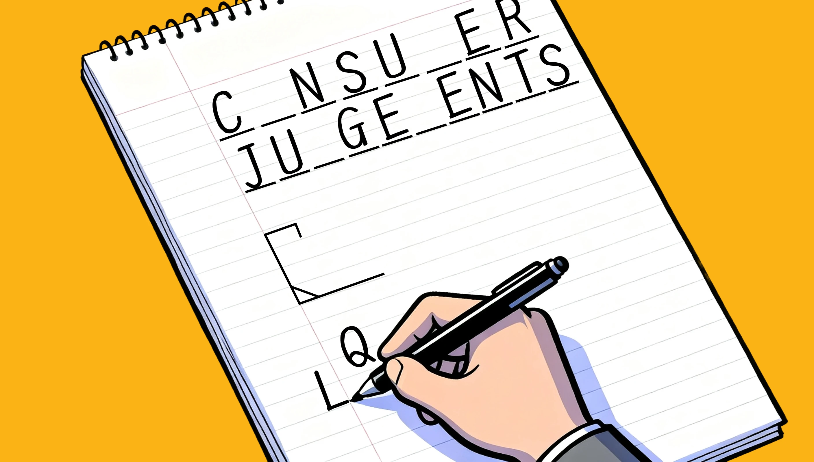 A hand-drawn game of hangman on a notepad, partway through guessing the words CONSUMER and JUDGEMENTS, with a hand holding a pen still writing