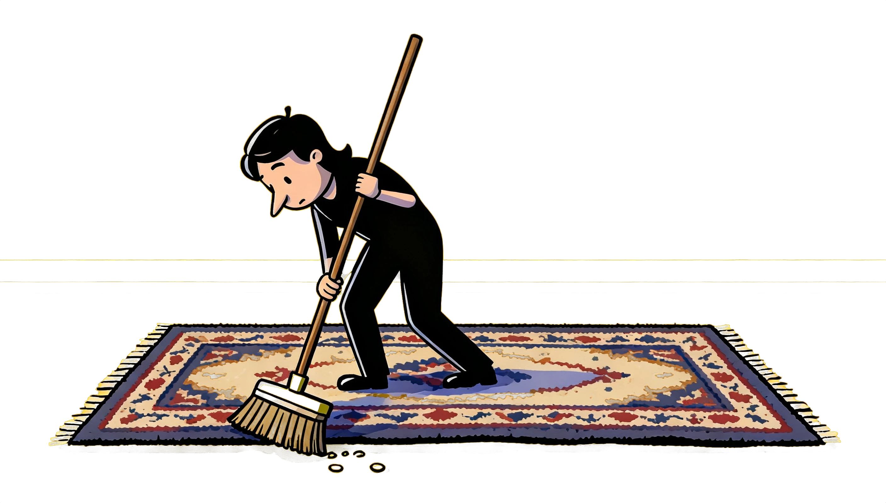 A figure sweeping something under a rug, looking away and avoiding eye contact