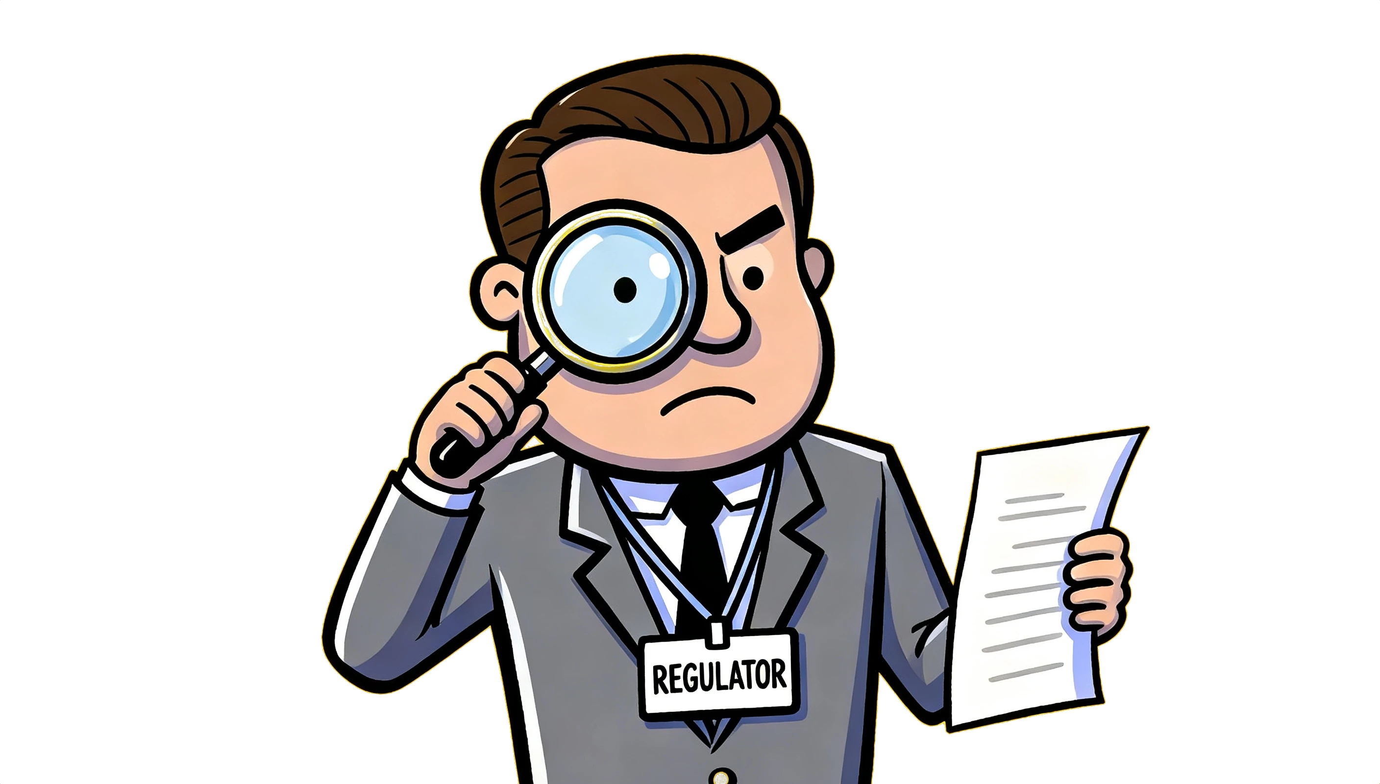 A man in a suit wearing a lanyard tag that says REGULATOR, holding a magnifying glass up to one eye and scrutinising a sheet of paper he holds in his other hand