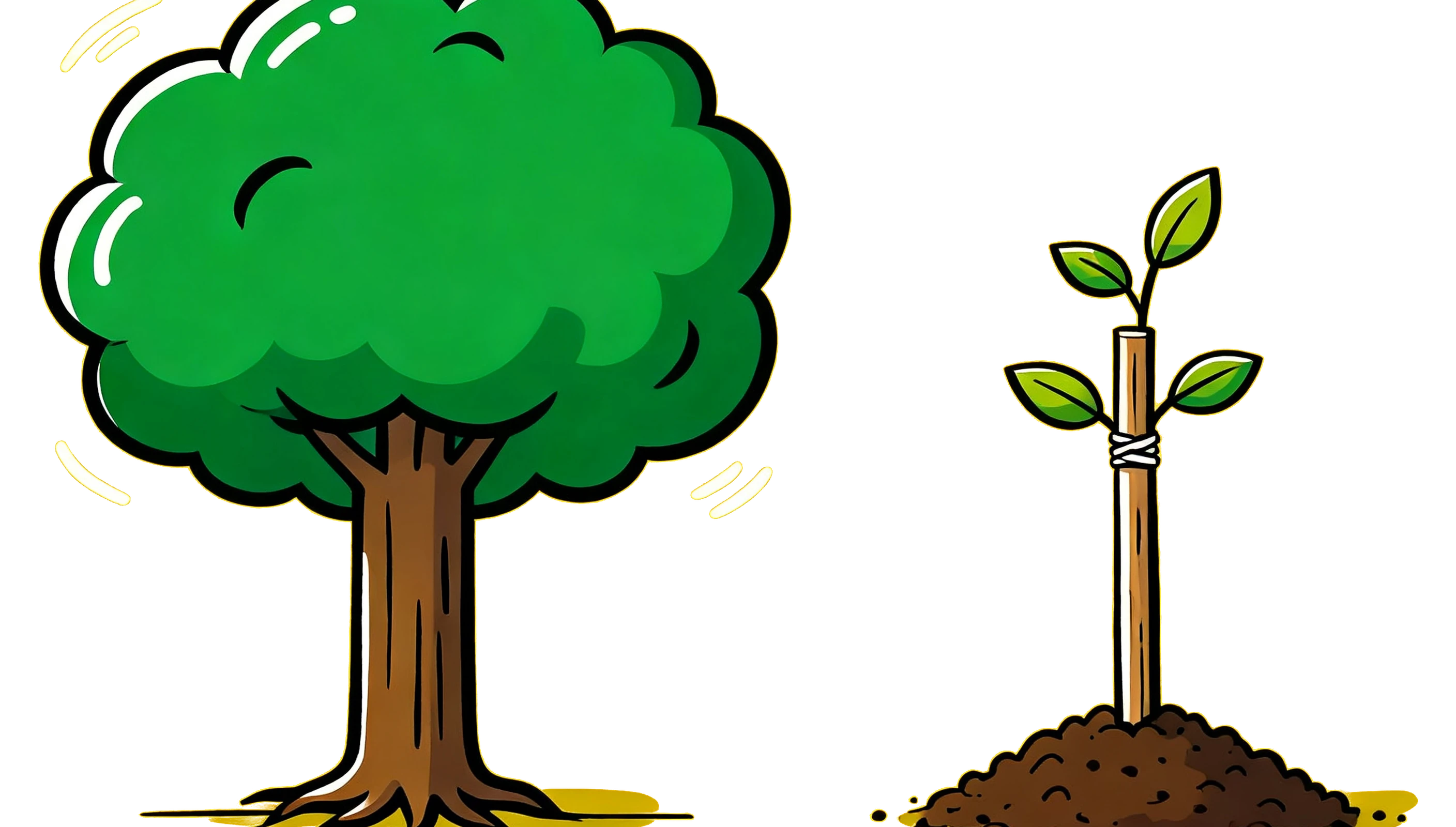 A mature tree with a thick trunk and a visible root system, next to a small newly planted sapling held up by a support stake in a mound of fresh soil