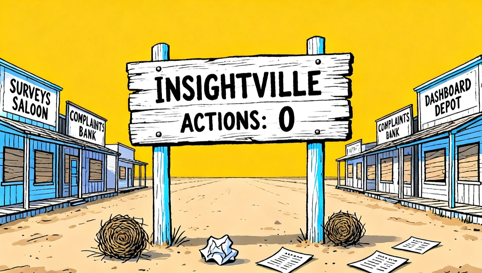 A cartoon Wild West ghost town with a sign reading Insightville, Actions: 0, boarded-up shops named Surveys Saloon, Complaints Bank and Dashboard Depot, and feedback blowing down the empty street