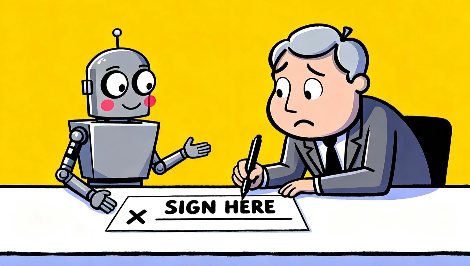 Cartoon illustration: a cheerful robot gestures at a document on a desk marked 'SIGN HERE' with a signature line and a cross, while a worried manager holds a pen, hesitating to sign