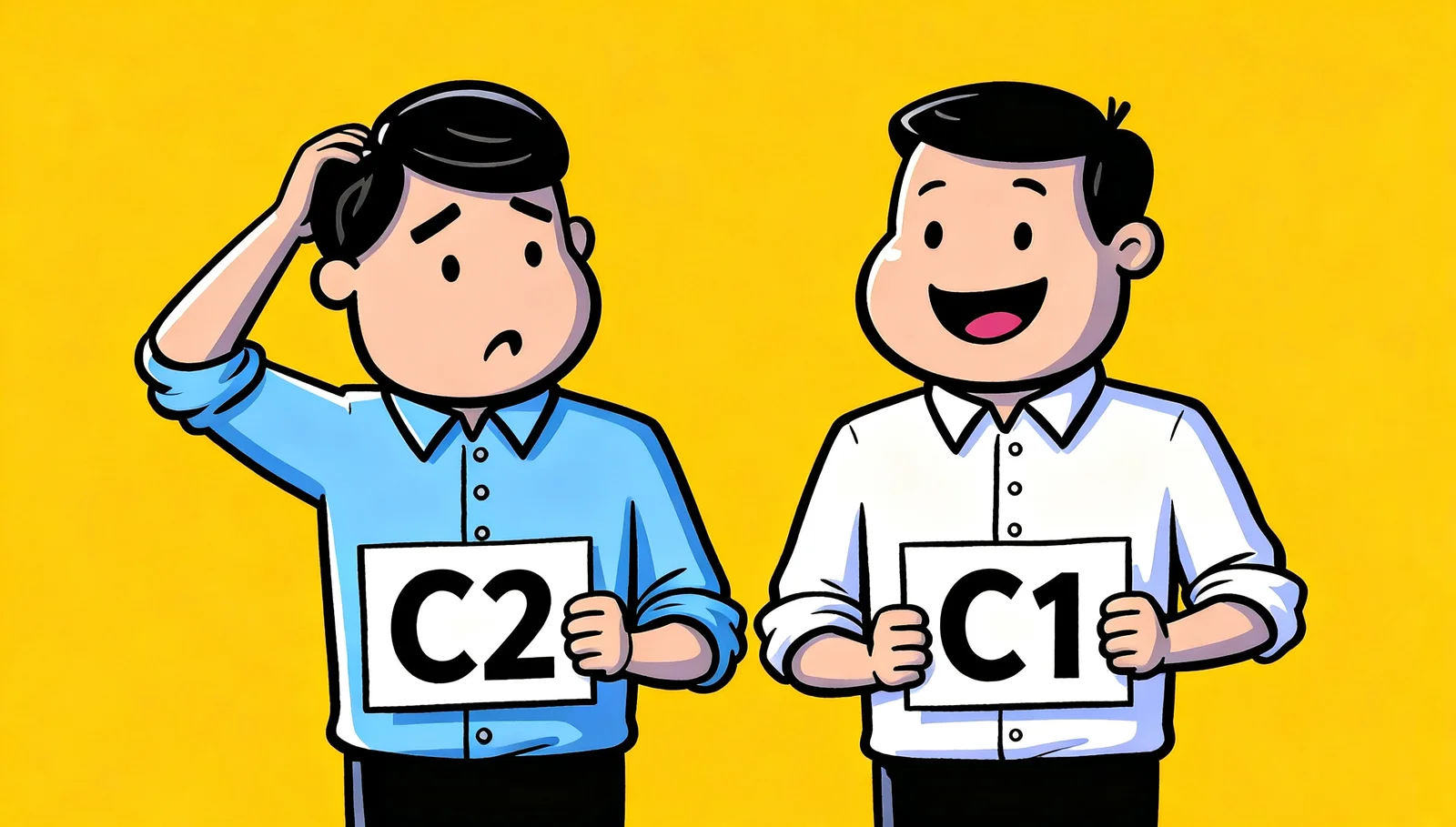 Cartoon illustration: two men in office shirts hold up grade cards. One scratches his head, puzzled, holding a card marked C2; the other smiles, holding a card marked C1