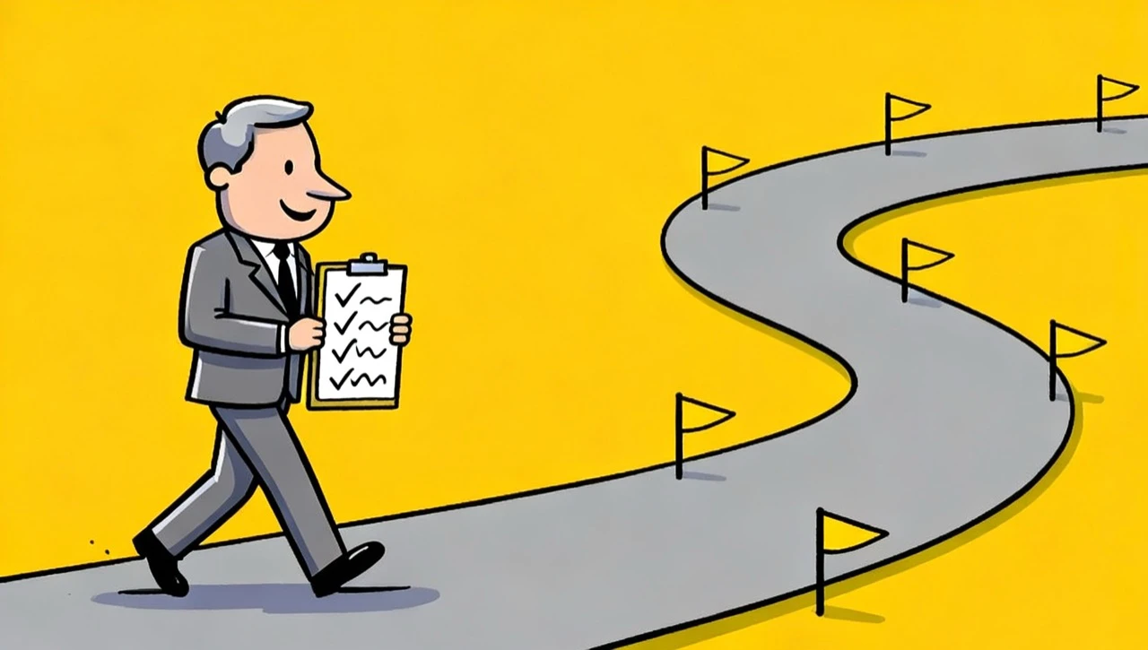 A figure walking a winding path marked with flags, a checklist under one arm: an inspection runs to a fixed sequence of stages you move through.