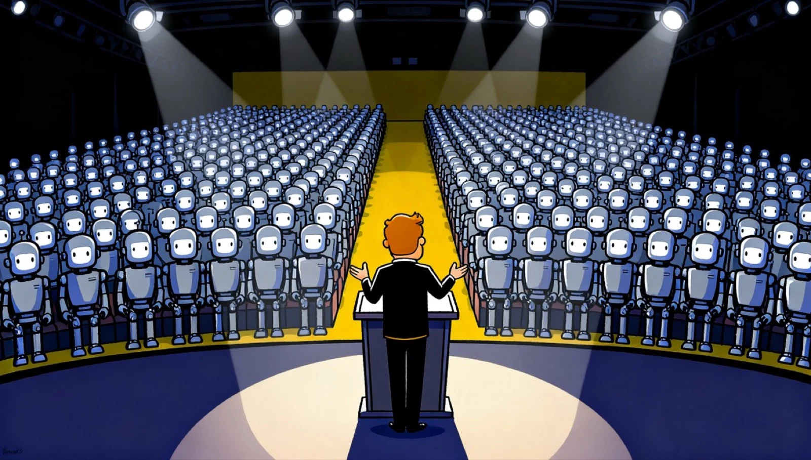 A lone human at a lectern addressing a vast auditorium of identical robots
