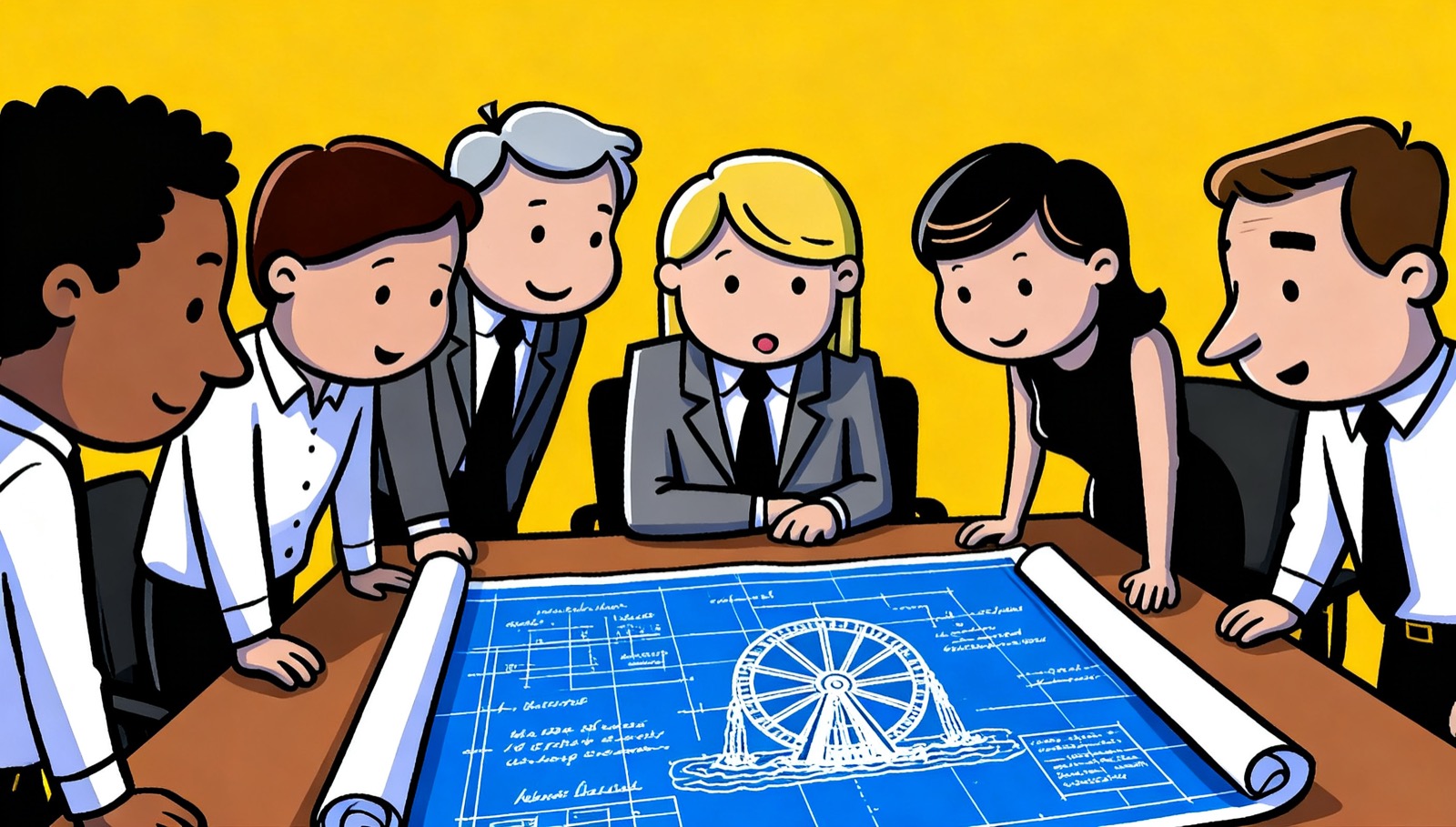 A cartoon of six colleagues in business dress crowded around a table, poring over a large blue blueprint of a water system