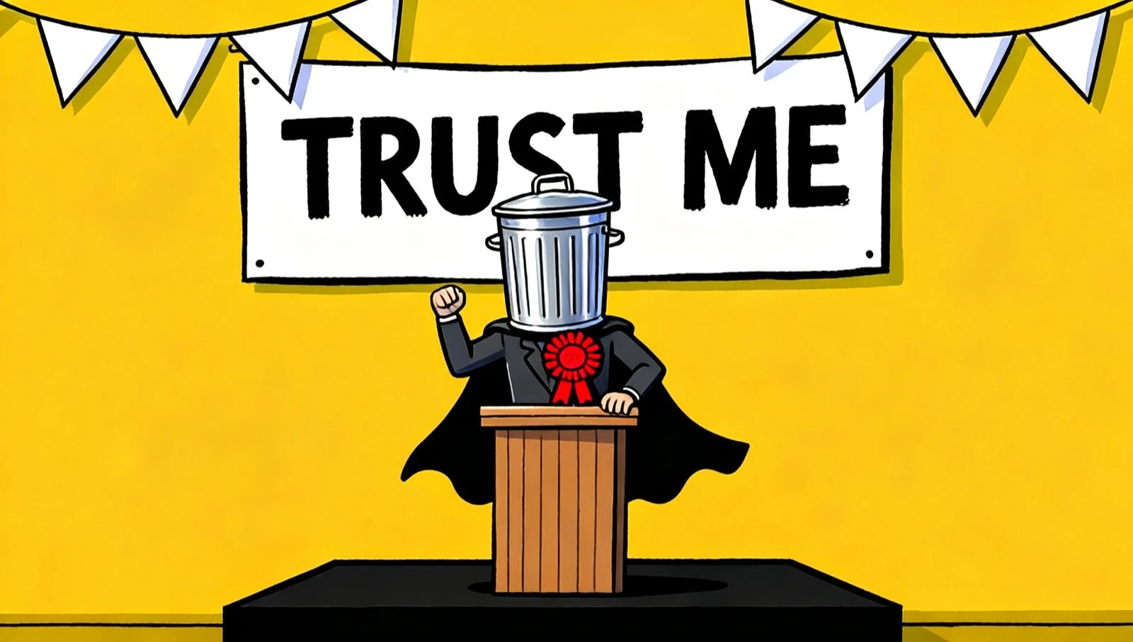 A cartoon of Count Binface at a lectern on a campaign stage, dustbin on his head and rosette on his lapel, beneath a banner reading TRUST ME