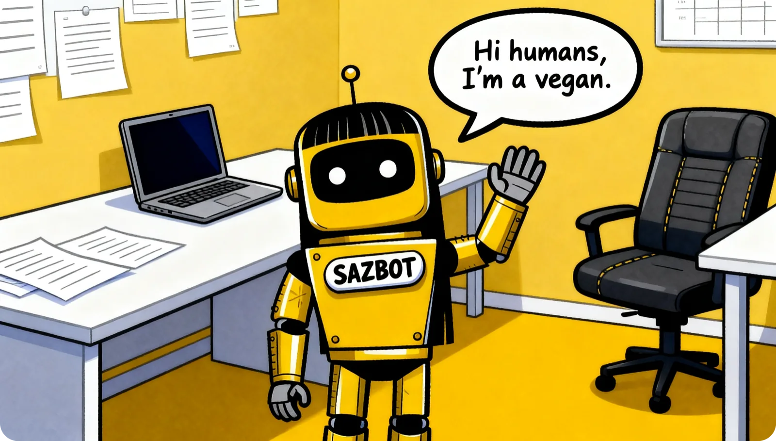A cartoon robot with SAZBOT on a badge across its chest, waving from a yellow office beside a laptop and an empty desk chair, with a speech bubble reading "Hi humans, I'm a vegan."
