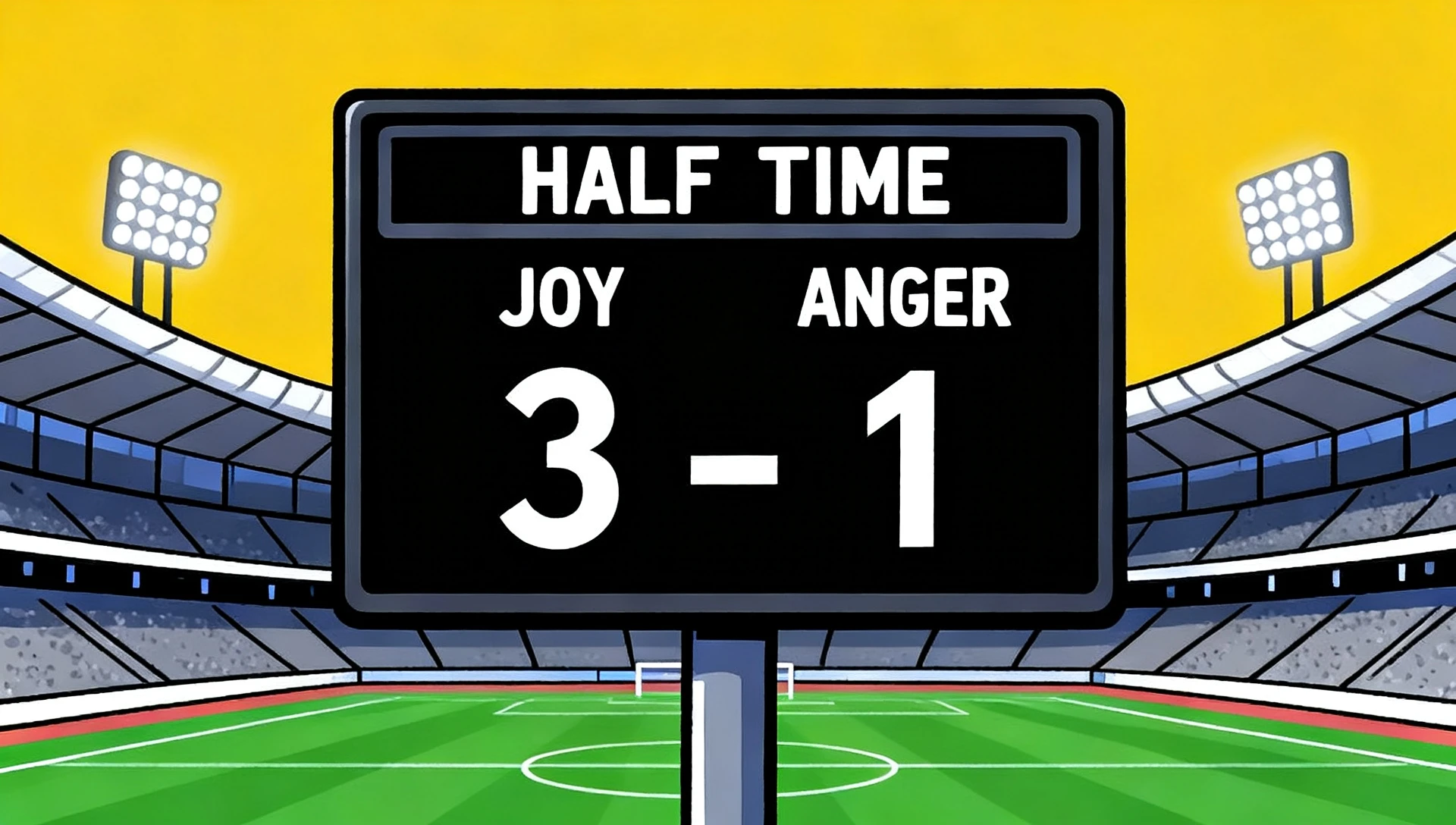 A cartoon football stadium scoreboard reading JOY 3 - 1 ANGER, with HALF TIME across the top