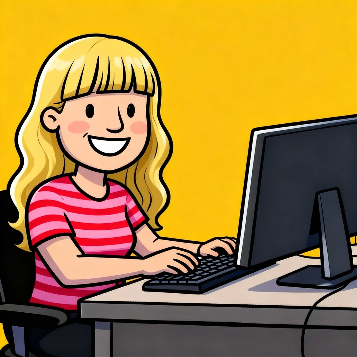 CX Corner — a cartoon of guest editor Nat Grant, Wordnerds' Head of Customer Success, at a computer