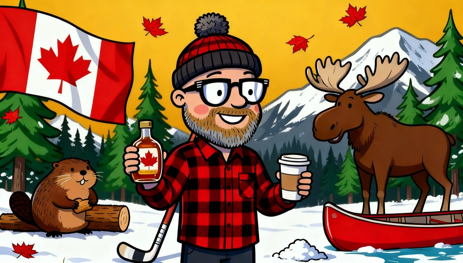 A cartoon of Pete Daykin on holiday: bobble hat, glasses and a red check shirt, holding a bottle of maple syrup and a coffee, with a Canadian flag, a beaver, a moose and a canoe behind him.