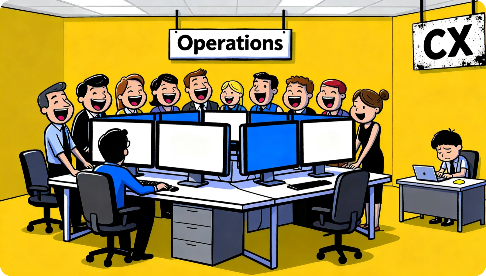 An illustration of a busy office. On one side, a crowd of people laugh and talk around a large desk covered in big, bright multi-screen computers, under a clean modern sign reading "Operations". Alone in the far corner of the same room, one dishevelled analyst works on a small laptop at a tiny desk under an old, grubby sign reading "CX".