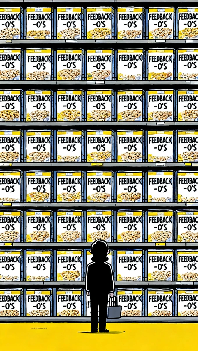 A lone shopper faces a supermarket wall stacked floor to ceiling with dozens of identical 'Feedback-O's' boxes — every customer-feedback tool shouting the same thing.