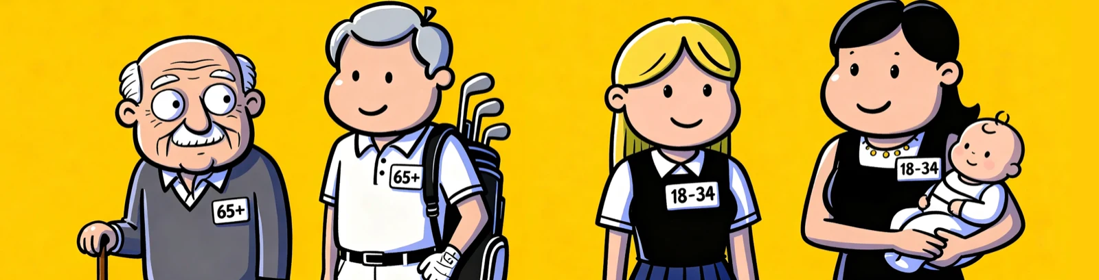Cartoon customers tagged with age bands — 65+, 18–34 — illustrating demographic segmentation