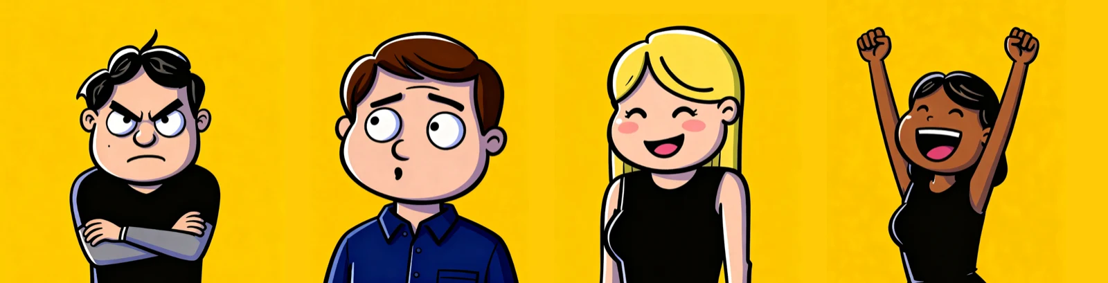 Four cartoon faces showing different emotions — illustrating attitudes and feelings