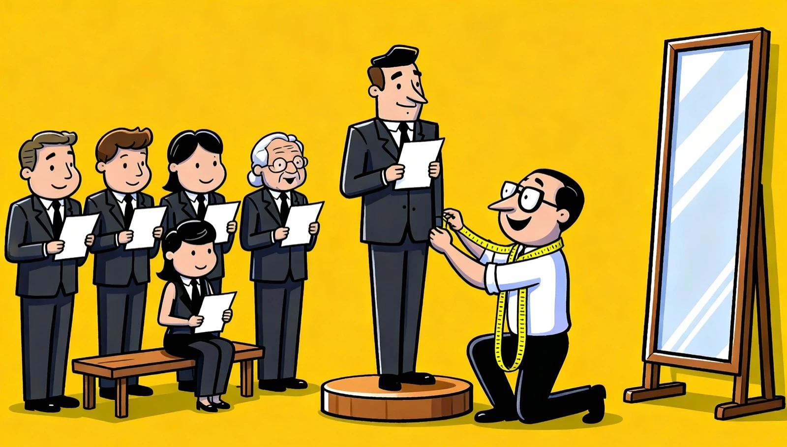 A tailor kneeling to fit a board member's suit while the rest of the board waits holding papers: getting your board measured up before an inspection.